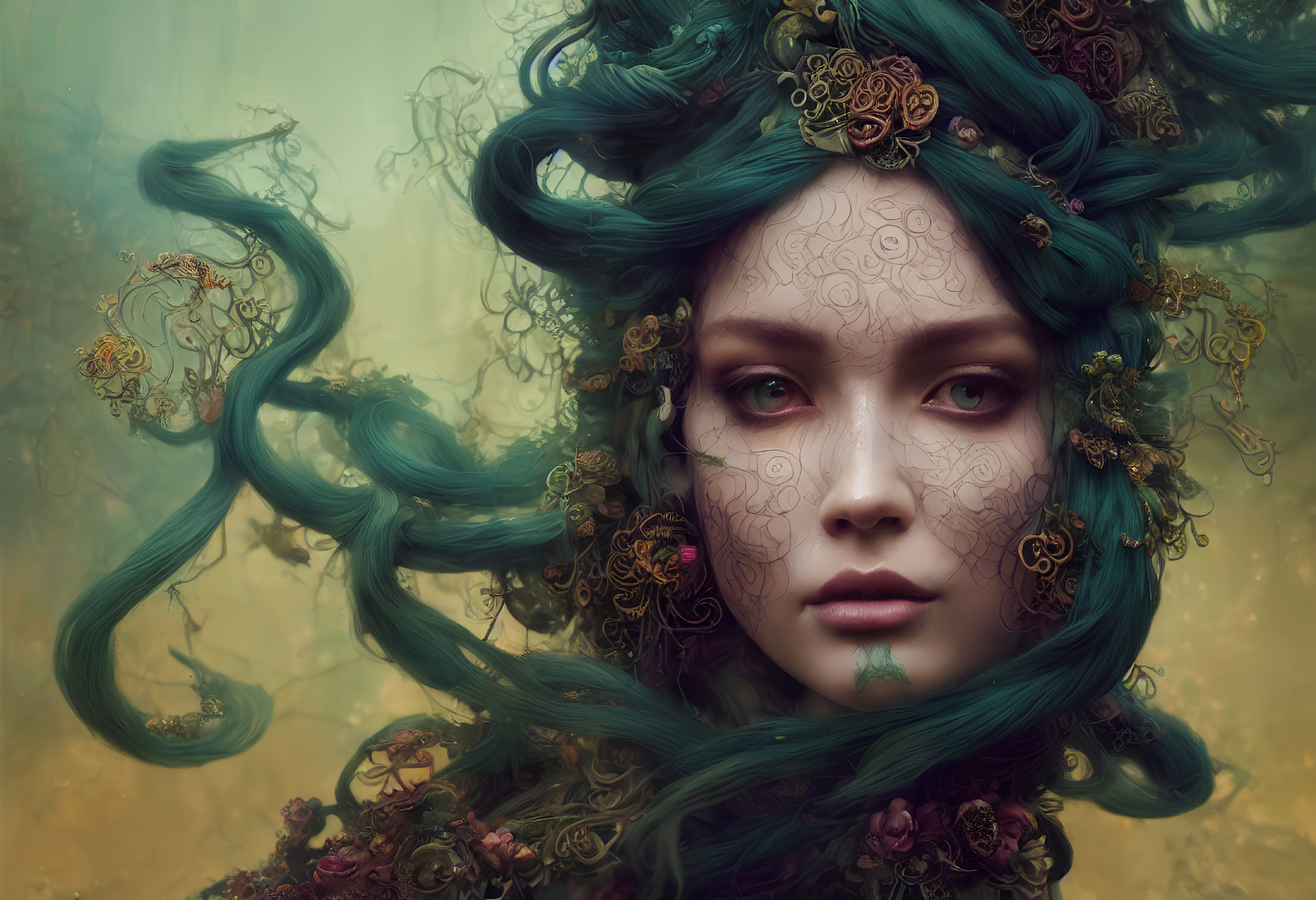 Whimsical fantasy portrait of woman with green flower hair on misty background