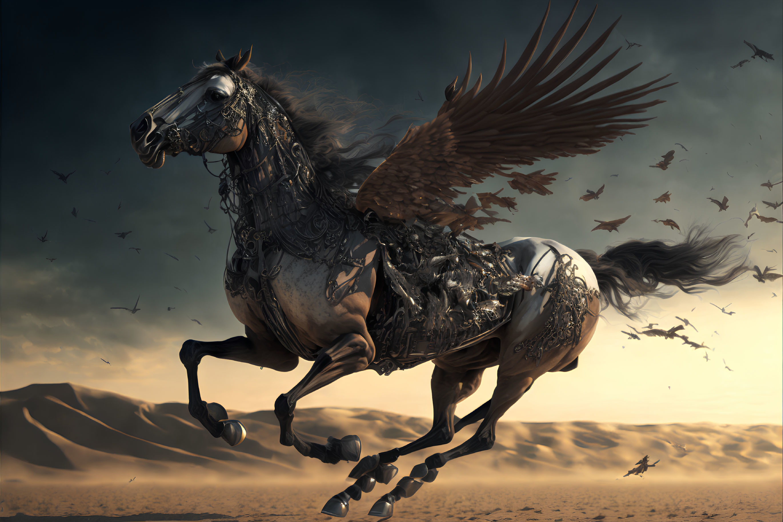 Mechanical winged horse in desert landscape with birds.