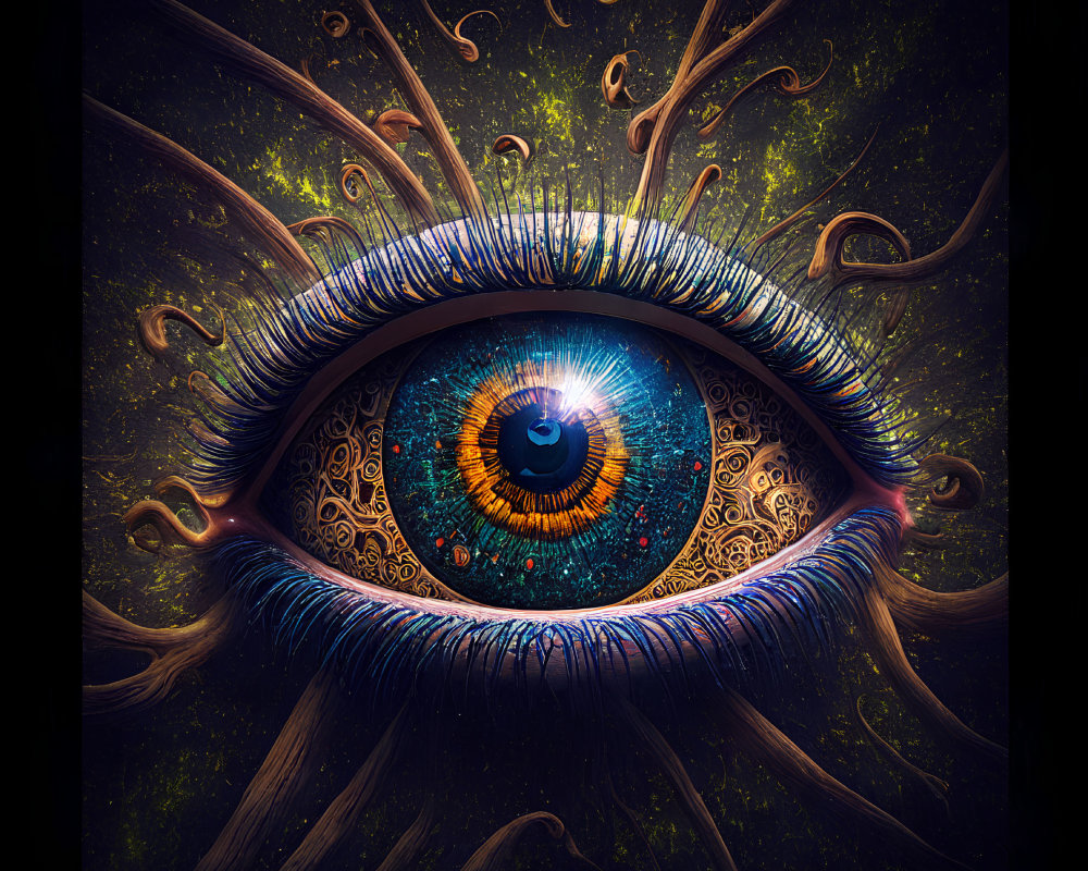 Colorful surreal eye with intricate iris and swirling tentacle-like shapes