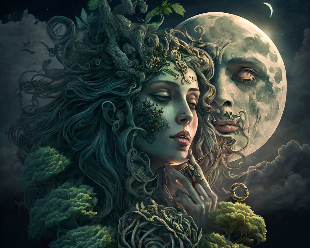 Portrait of woman with leafy adornments and moon background.