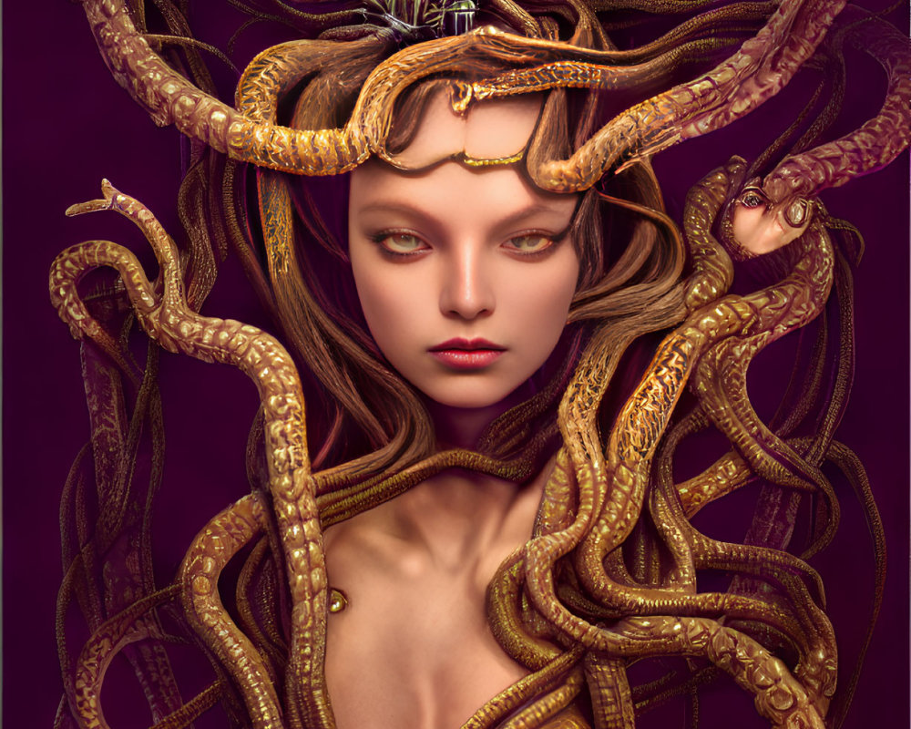 Digital artwork of woman with golden serpent hair & ornate headdress with central eye & blue details