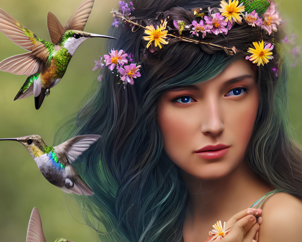 Blue-haired woman with floral crown surrounded by hummingbirds in serene setting