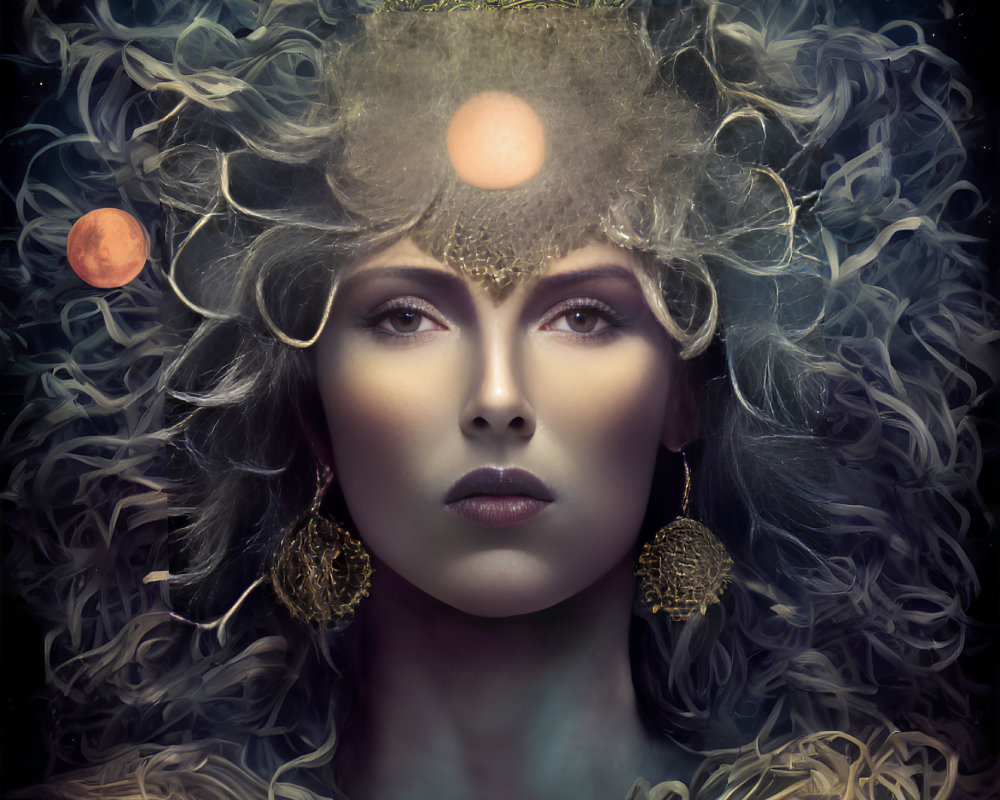 Celestial surreal portrait of a woman with horns and planets