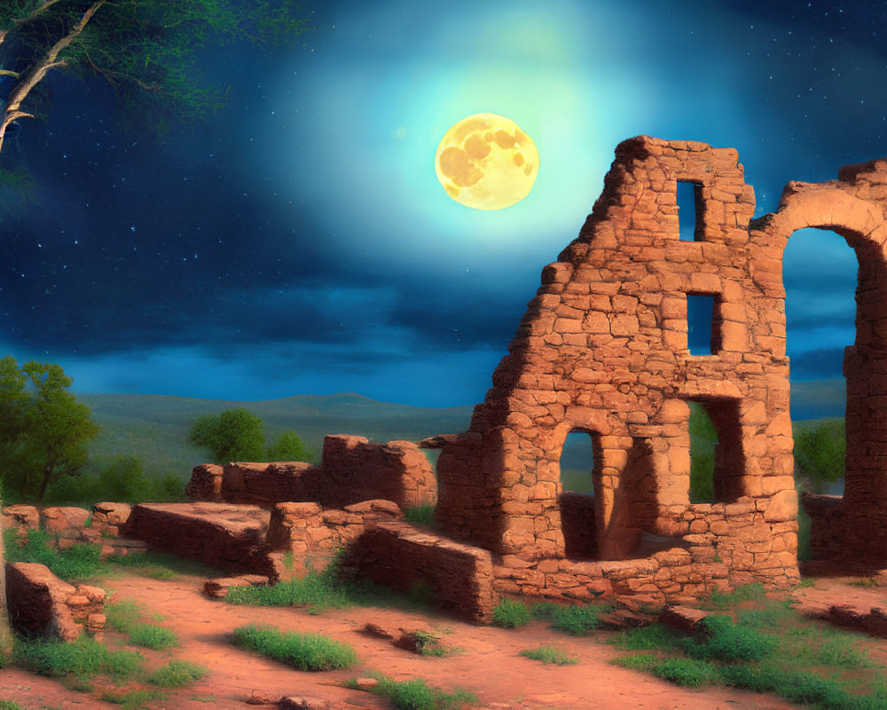 Moonlit ancient ruins in tranquil night landscape