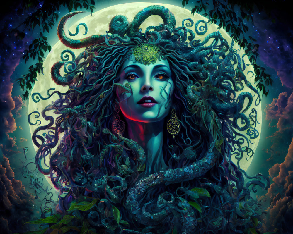 Mythical Woman with Snake Hair in Celestial Setting