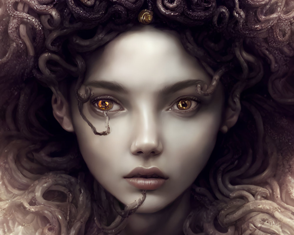 Golden-eyed woman with serpentine hair and gold ornaments: A mystical, Medusa-like illustration