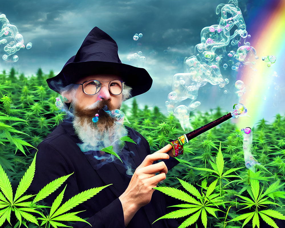 Wizard blowing bubbles in cannabis field with rainbow