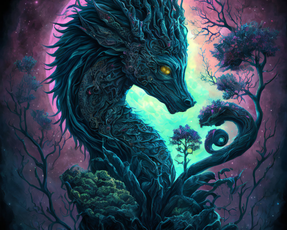 Dragon entwined with glowing foliage in mystical night scene