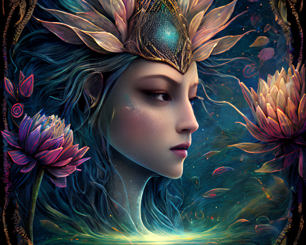 Fantasy-themed illustration of woman with golden crown and water lilies in ornate oval frame