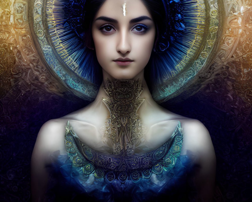 Detailed digital portrait of a woman with intricate jewelry and halo-like headpiece in blue and gold tones.