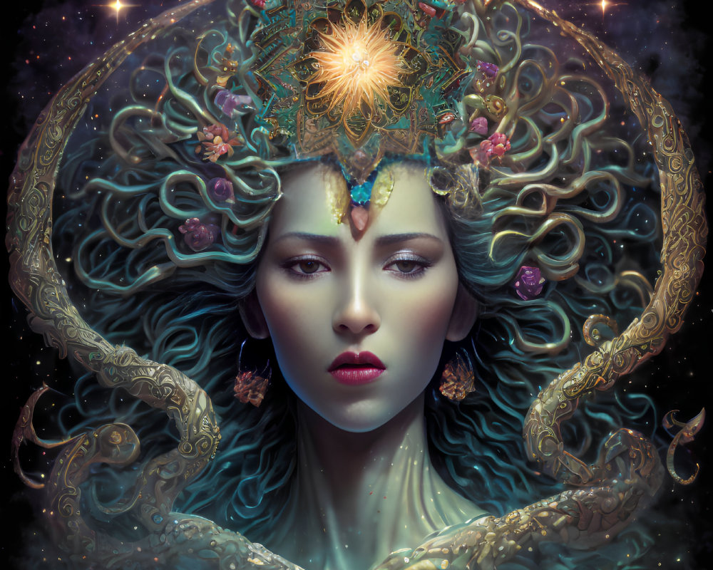 Ethereal woman with ornate crown and golden details in celestial setting