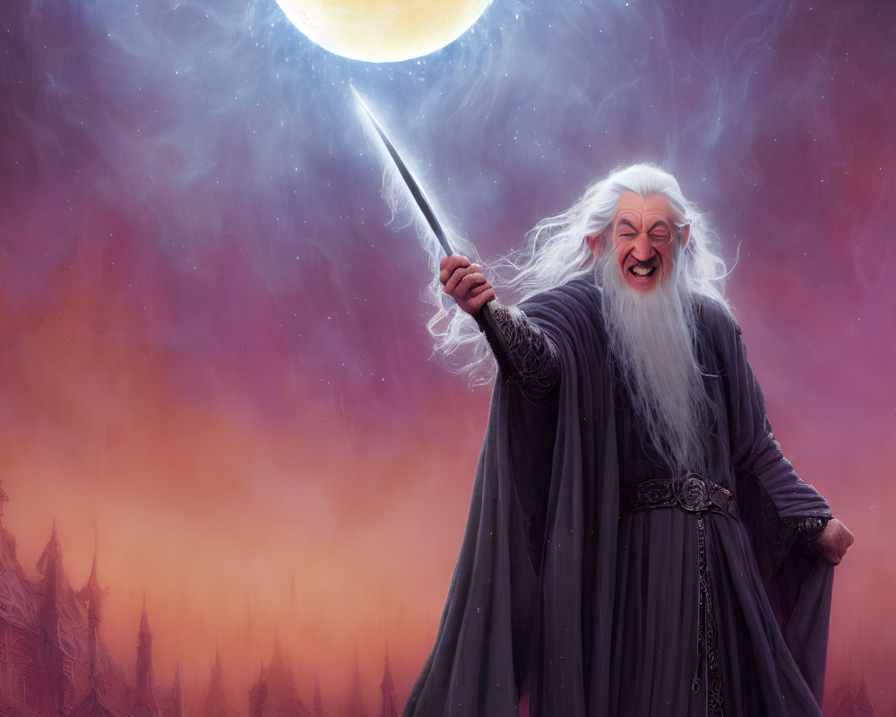 Elderly wizard casting spell under cosmic sky with castle.