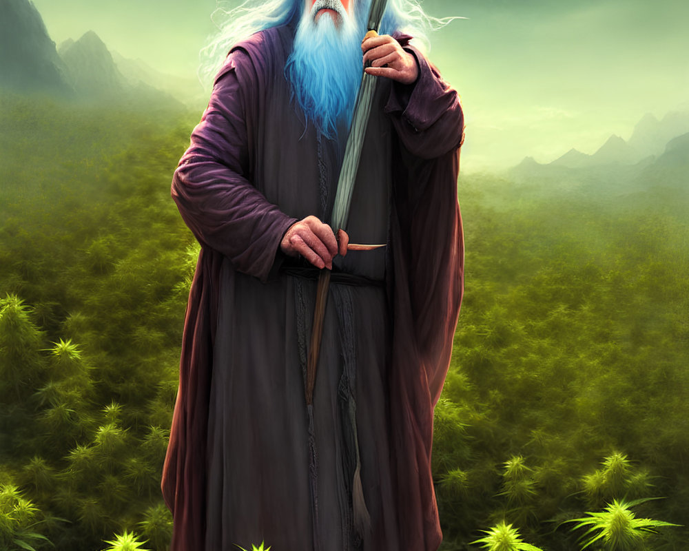 Elderly wizard with long white beard in mountainous landscape