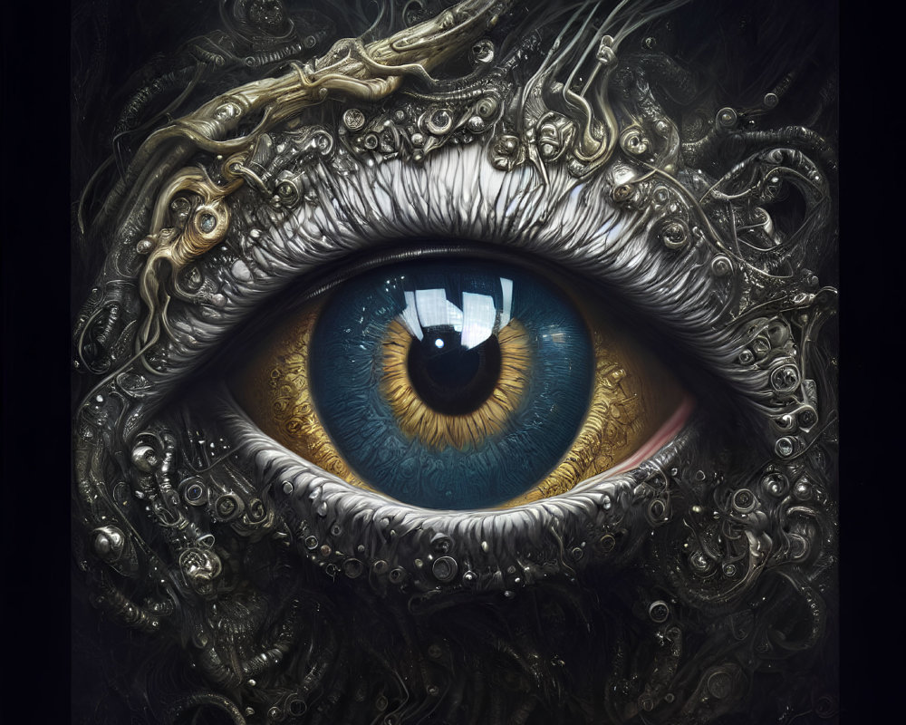 Detailed surreal eye illustration with ornate metallic shapes and vibrant blue iris