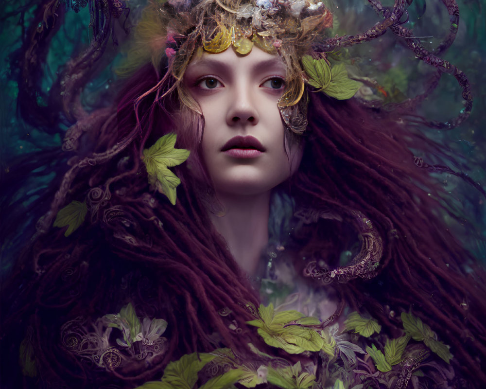 Portrait of Person with Flowing Red Hair and Leaf/Branch Headpiece in Mystical Forest