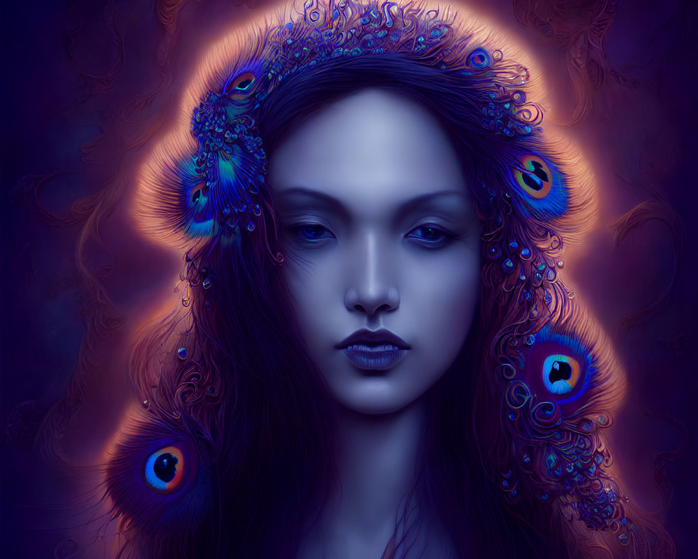 Vibrant surreal portrait of a woman with peacock feathers in fiery glow