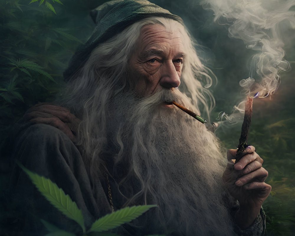 Elderly man with long white beard in green hat smoking pipe in misty setting