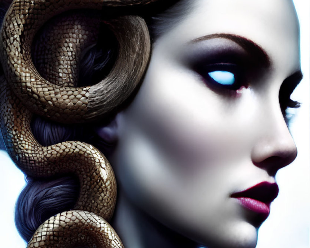 Digital artwork: Woman with snake, dark eyes, vibrant lips