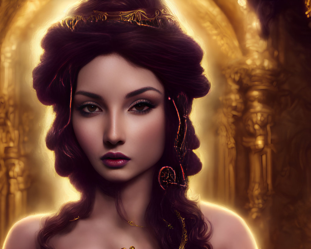 Digital art portrait of woman with red hair and gold accents against ornate backdrop