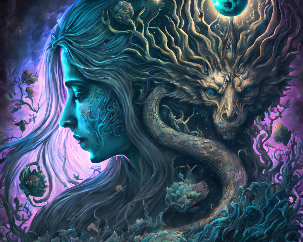 Fantastical portrait of woman with blue hues and cosmic elements