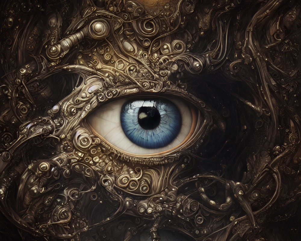 Detailed digital artwork: central human eye with metallic swirls in dark palette