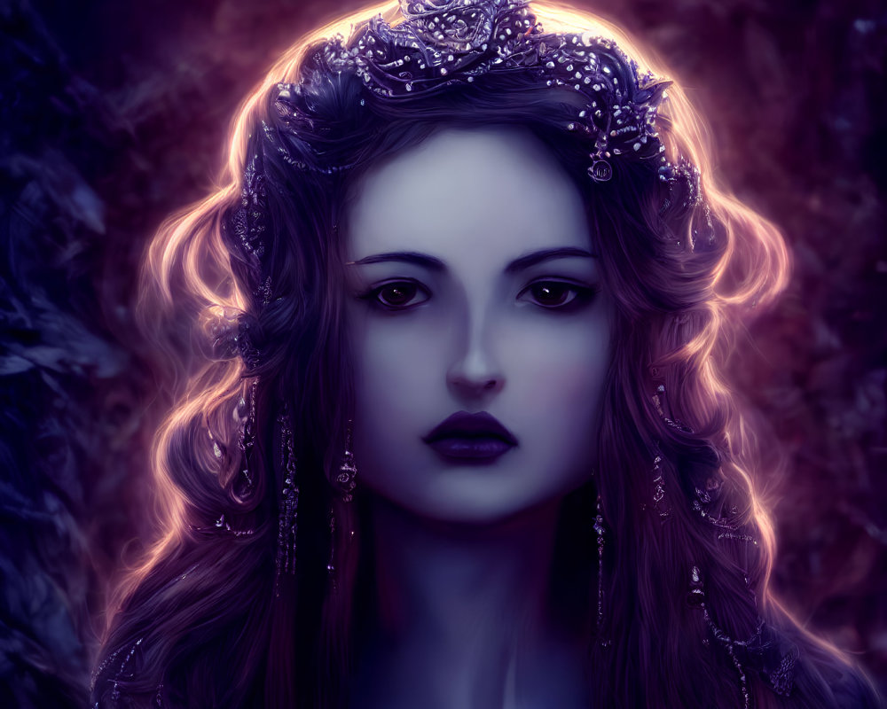 Digital art portrait of woman with glowing hair, detailed crown, jewelry, mystical purple background