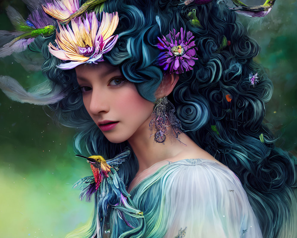 Vibrant blue curly hair with flowers and hummingbirds on a woman in white attire against green backdrop