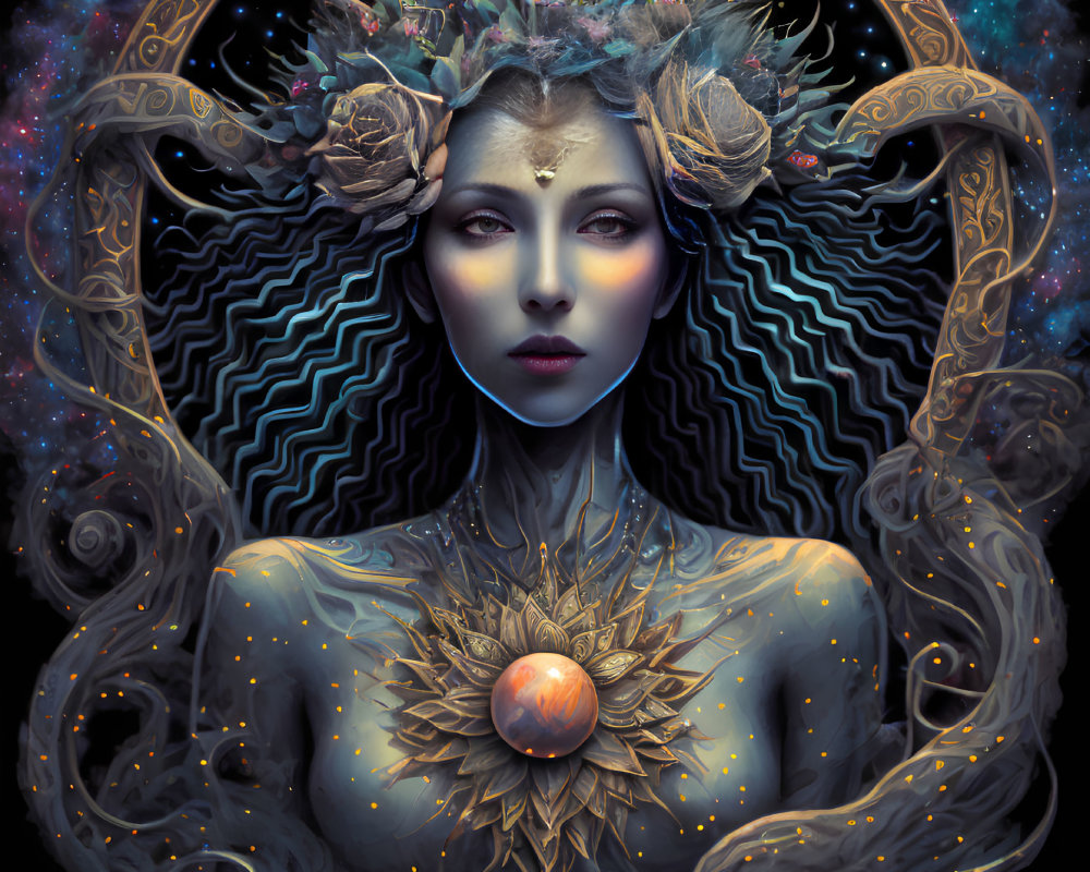 Mystical female figure with cosmic antlers and radiant heart