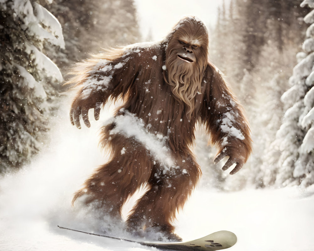 Large creature snowboarding on snowy hill with trees in background