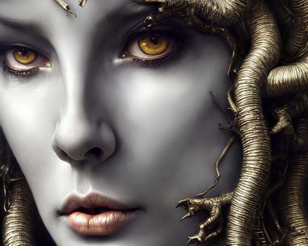 Surreal portrait of woman with pale skin and golden yellow eyes surrounded by serpentine creatures