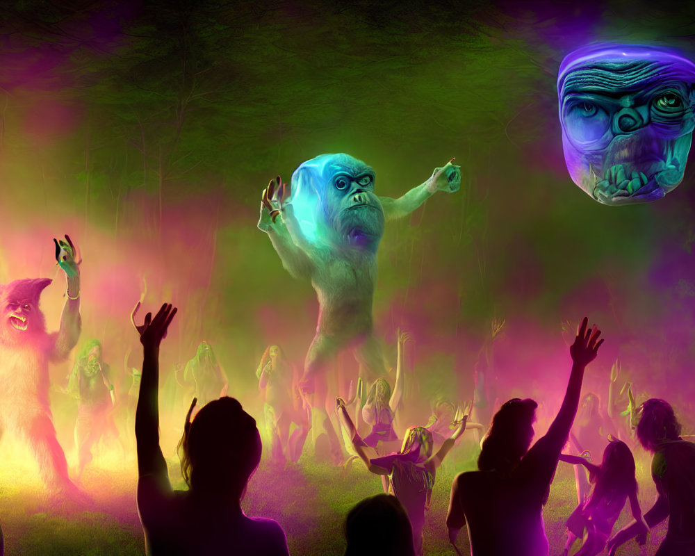 Colorful Fantasy Scene: Crowd Reaches for Blue Creature in Forest