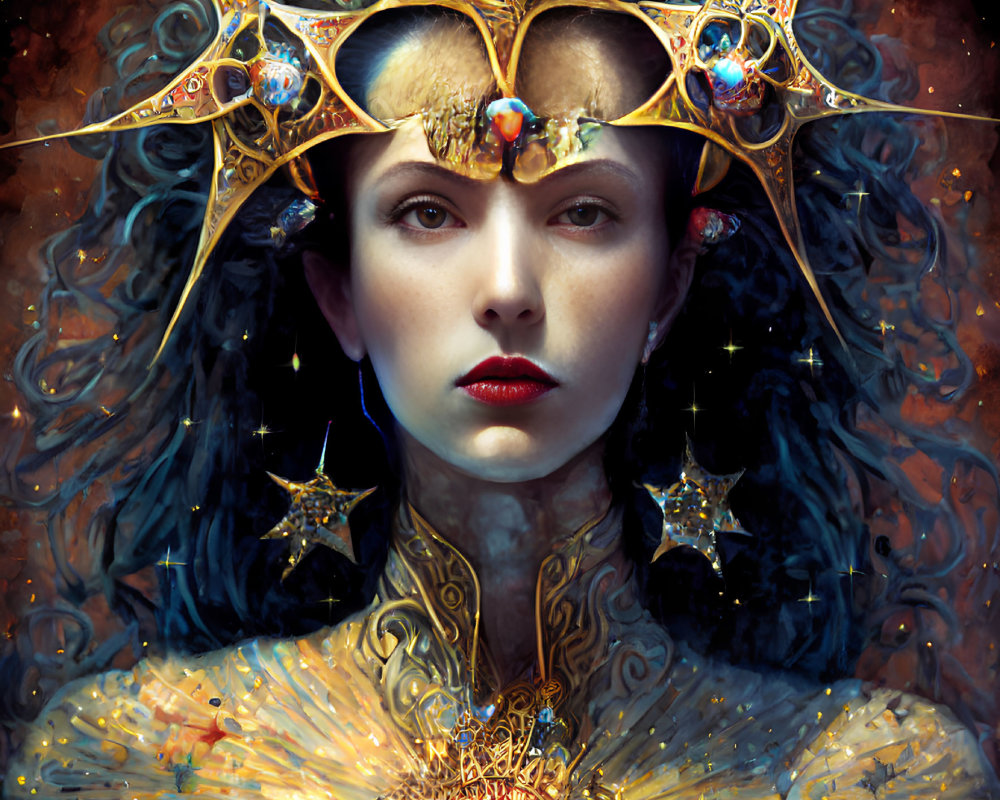 Regal figure with golden headdress and cosmic background