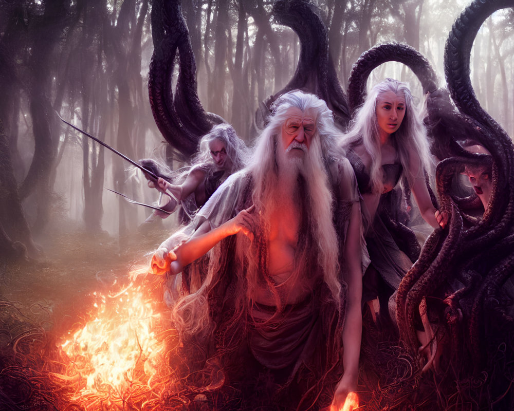 Elderly wizard conjuring fire with female warrior and mysterious character in misty forest