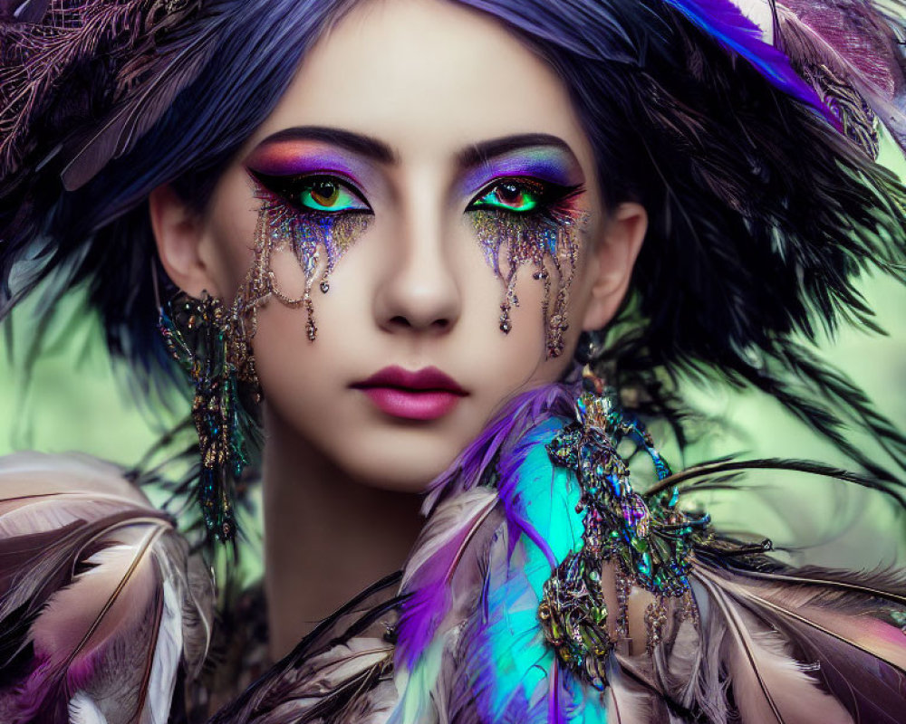 Colorful makeup and feather accessories on person against green backdrop