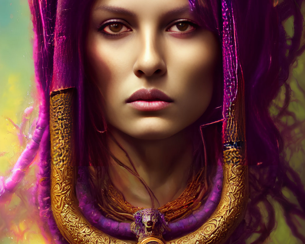 Vibrant Purple Hair Woman with Gold Jewelry in Abstract Background