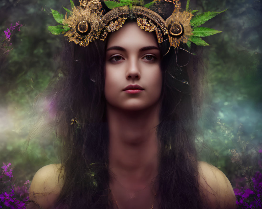 Mystical woman with leaf crown in dreamy floral setting