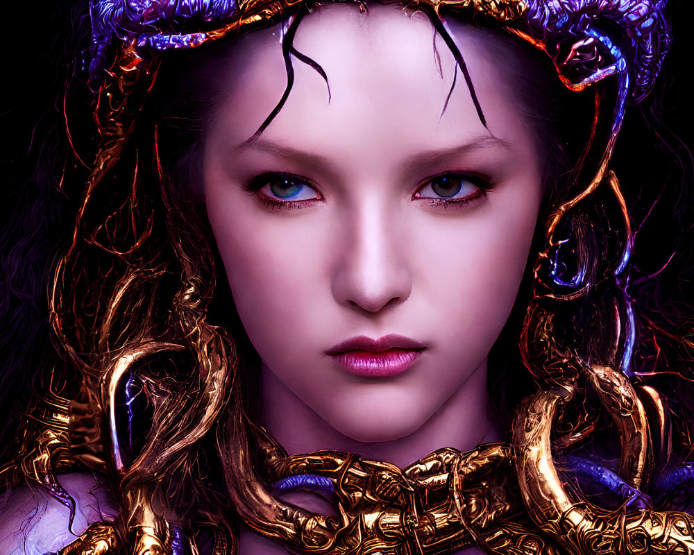 Digital artwork: Woman with intense eyes, purple and gold ornaments on dark background