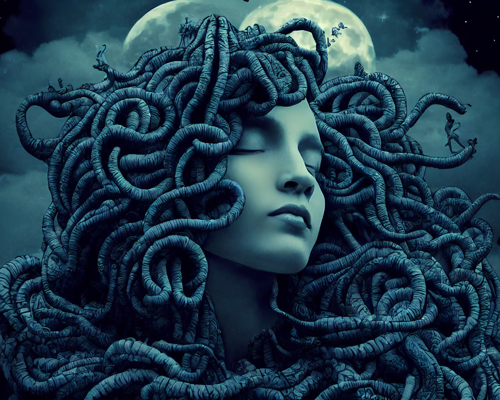 Surreal illustration of person with serpentine hair under moonlit sky