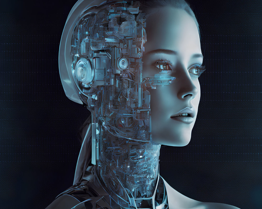 Female humanoid robot portrait with exposed mechanical head and neck on dark background