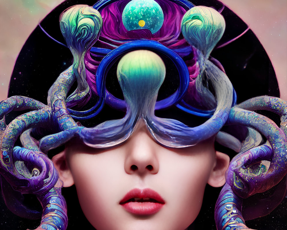 Surreal portrait with tentacle-like hair and cosmic backdrop in circular frame