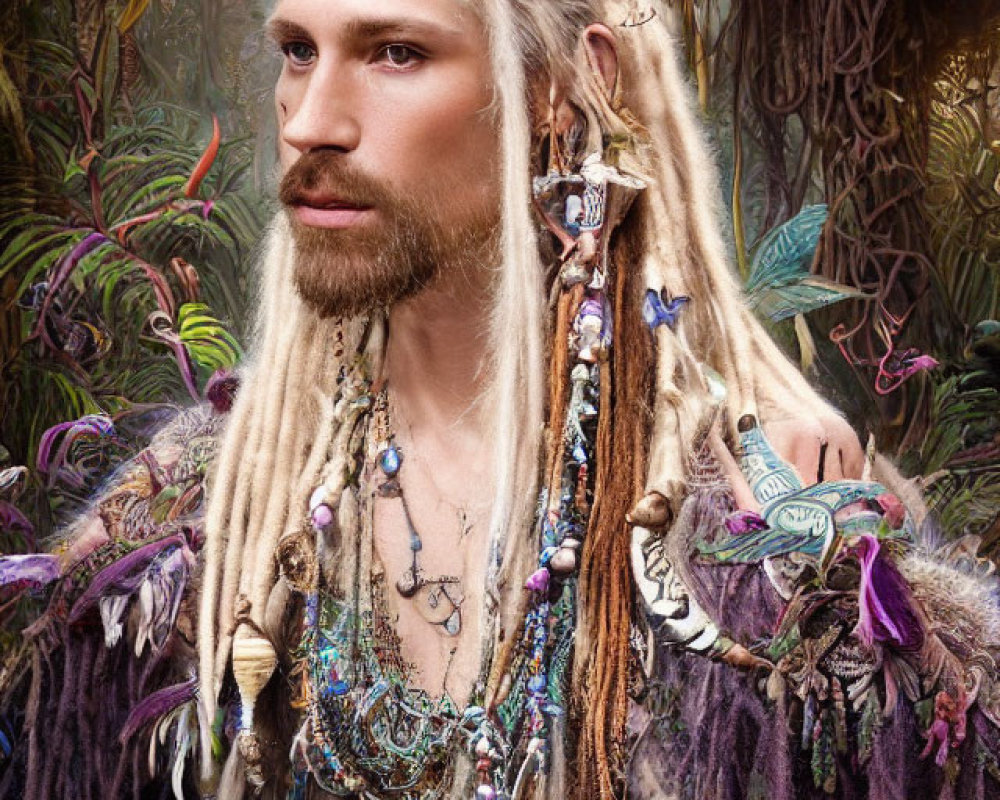 Fantasy-themed portrait of an individual with blond dreadlocked hair and ornate jewelry in a forest setting