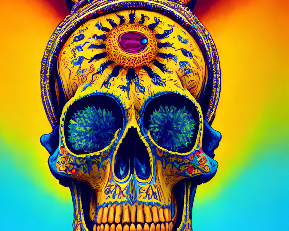 Colorful skull art with crown and intricate patterns on blue and red backdrop