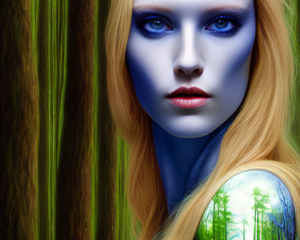 Digital Art Portrait: Woman with Blue Skin and Blonde Hair in Forest Setting