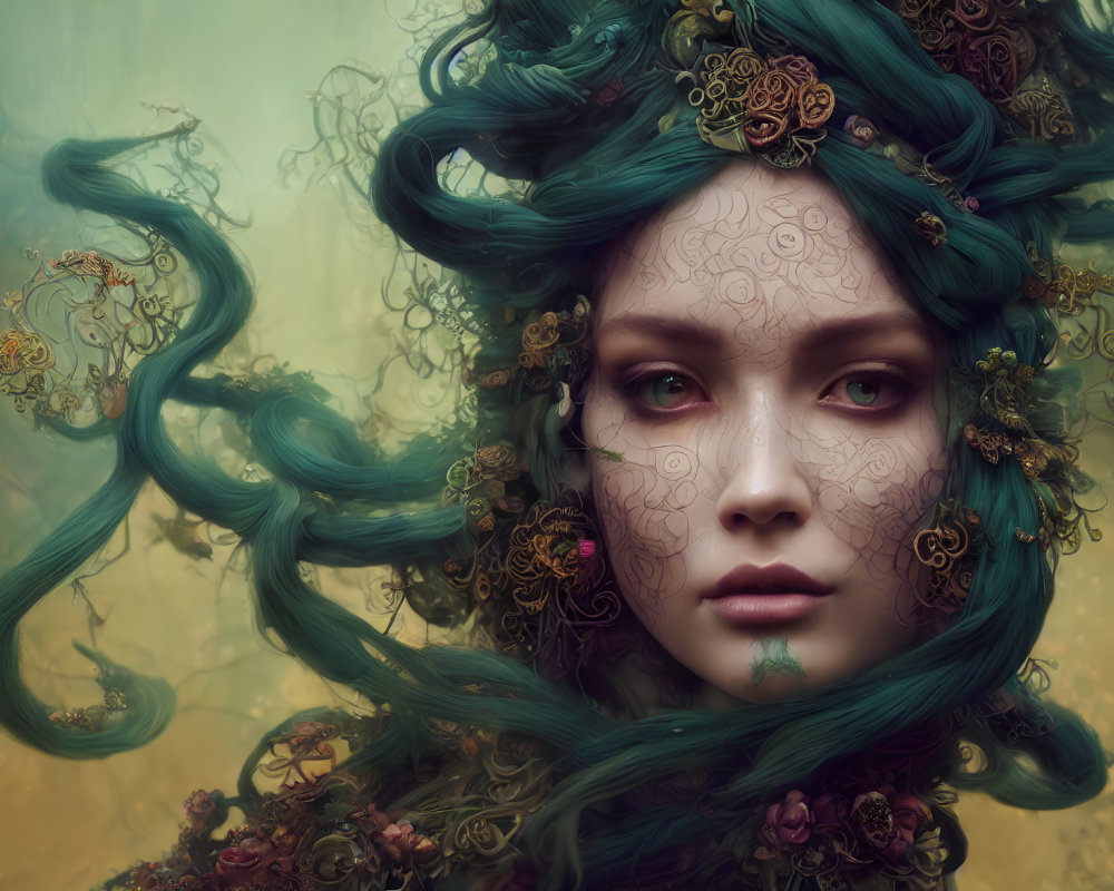 Whimsical fantasy portrait of woman with green flower hair on misty background