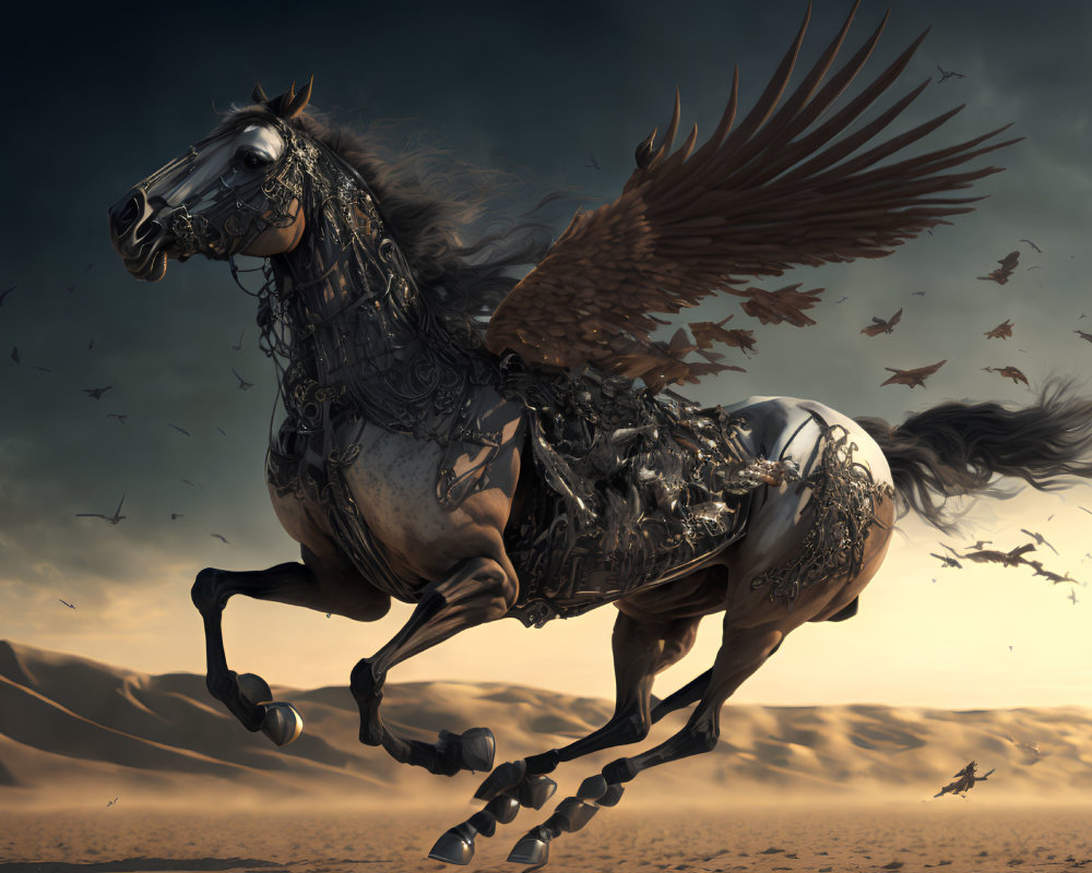 Mechanical winged horse in desert landscape with birds.