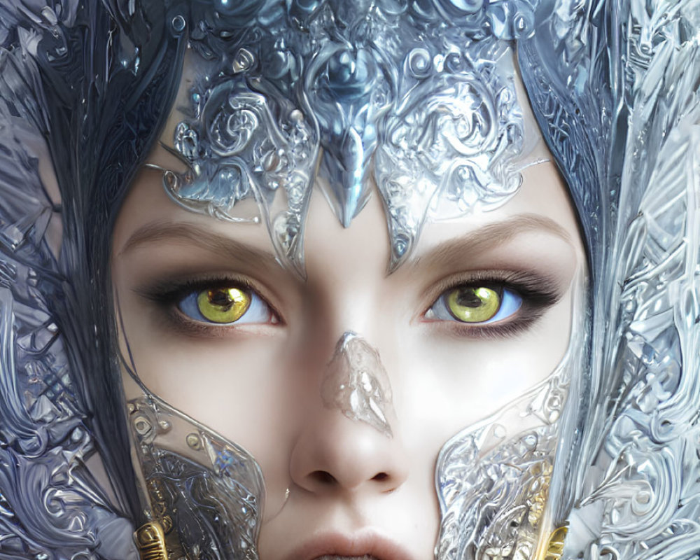 Close-up of woman with striking green eyes and ornate silver/gold headset