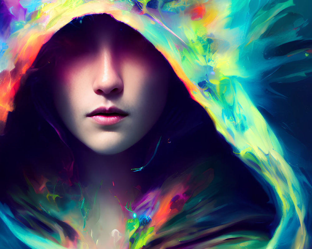 Colorful Paint-Splatter Hoodie on Mysterious Figure