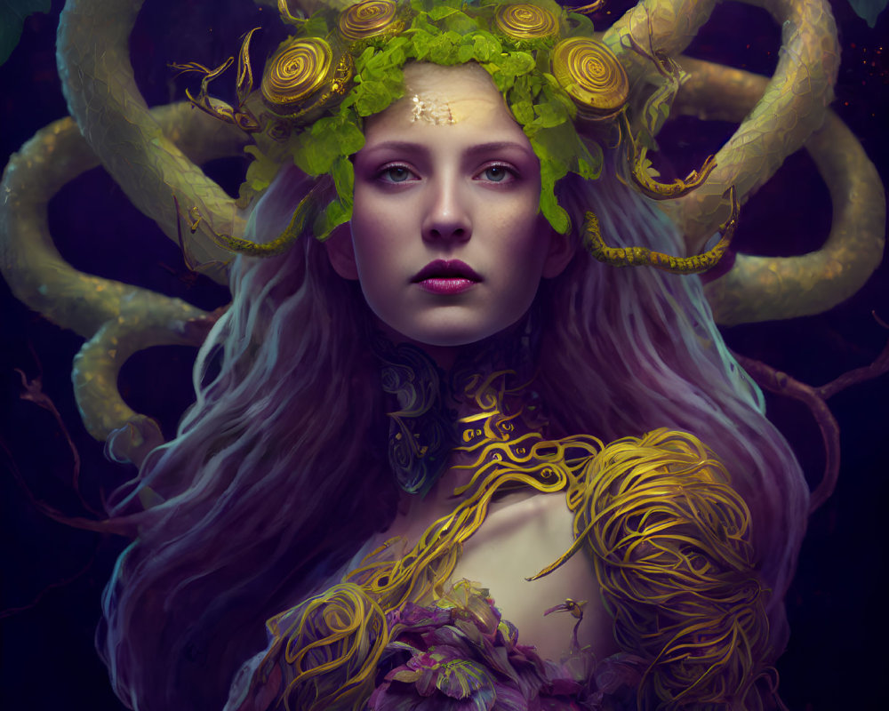 Digital art portrait of a woman with serpent-like horns and golden vine adornments