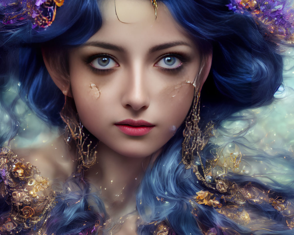 Digital Artwork: Woman with Striking Blue Hair and Gold Accents