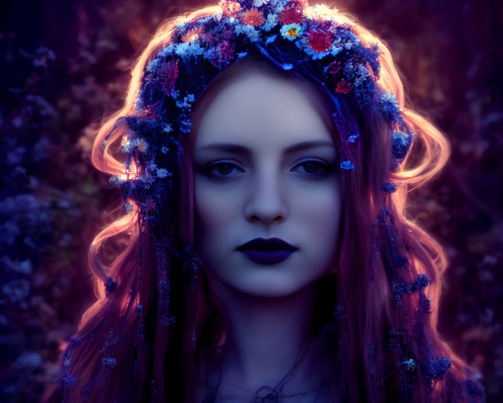 Red-haired woman with floral crown in serene forest setting